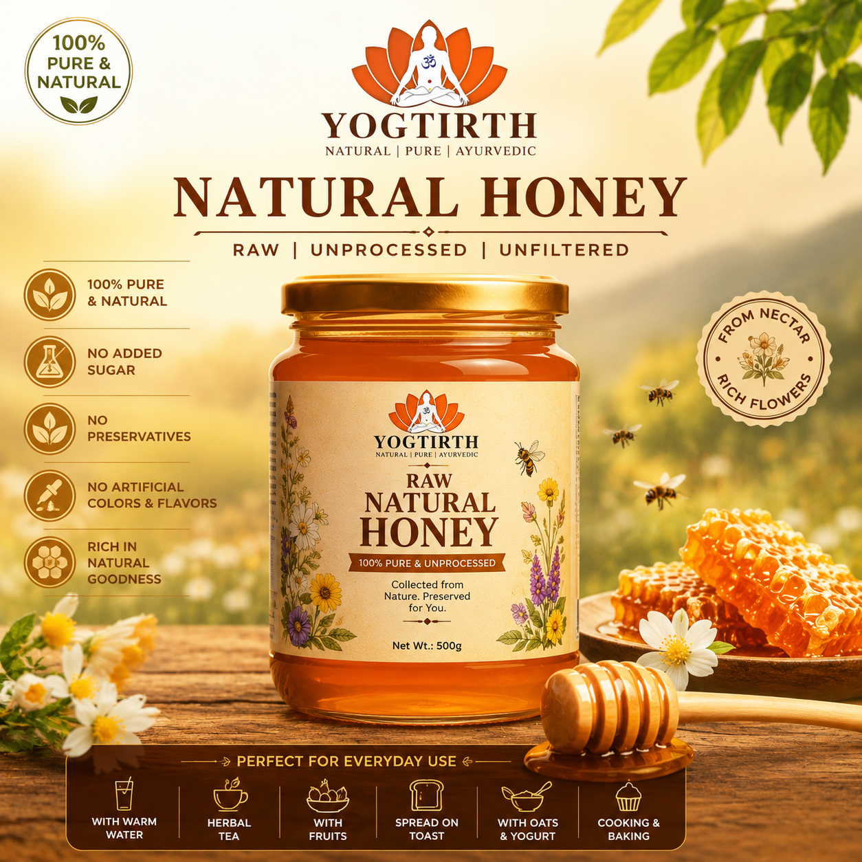 YOGTIRTH Raw Natural Honey | 100% Pure &amp;amp; Unprocessed Multi Floral Honey
